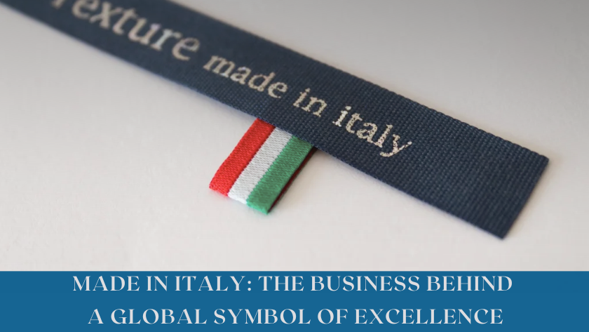 A close-up of a luxury Italian product label reading “Made in Italy,” representing the country's global reputation for quality, craftsmanship, and economic power.