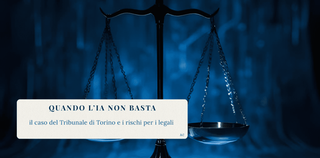 Bilancia della giustizia illuminata da luce blu digitale, simbolo del rapporto tra intelligenza artificiale e diritto.