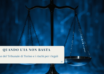 Bilancia della giustizia illuminata da luce blu digitale, simbolo del rapporto tra intelligenza artificiale e diritto.