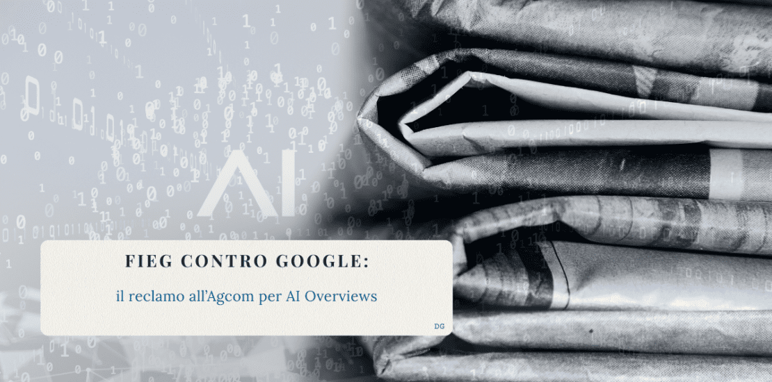 Pile di giornali sovrapposti su uno sfondo digitale con simboli binari e la scritta “AI”, a rappresentare il conflitto tra informazione tradizionale e intelligenza artificiale.