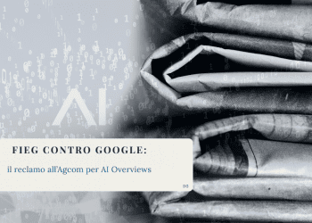 Pile di giornali sovrapposti su uno sfondo digitale con simboli binari e la scritta “AI”, a rappresentare il conflitto tra informazione tradizionale e intelligenza artificiale.