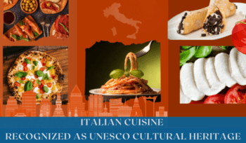 Traditional Italian dishes arranged on a table, showcasing pasta, pizza, olive oil, and regional ingredients that represent Italy’s culinary heritage.