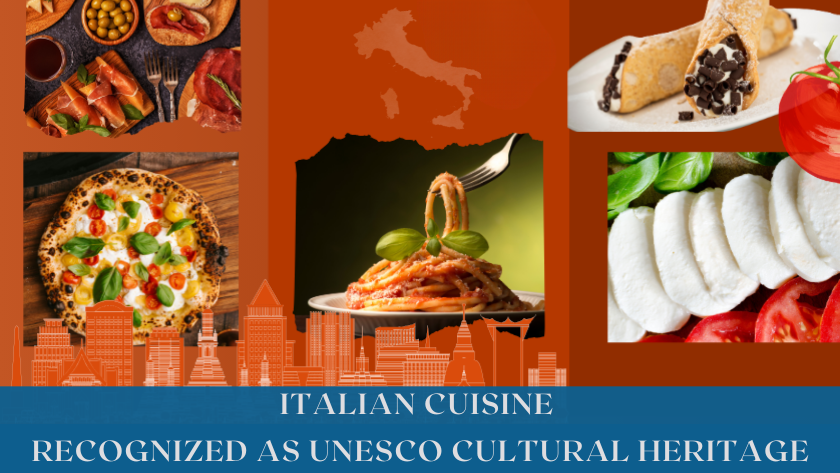 Traditional Italian dishes arranged on a table, showcasing pasta, pizza, olive oil, and regional ingredients that represent Italy’s culinary heritage.