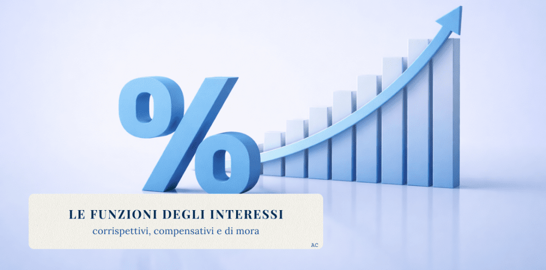 Illustrazione concettuale in tonalità blu che rappresenta il tema degli interessi, con simbolo percentuale e grafico in crescita.