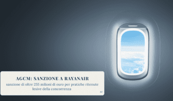Immagine grafica con finestrino di aeromobile affacciato sulle nuvole, su sfondo blu istituzionale. In primo piano il titolo “AGCM: sanzione a Ryanair” e il riferimento alla sanzione di oltre 255 milioni di euro per pratiche ritenute lesive della concorrenza. La composizione richiama il settore del trasporto aereo in chiave sobria e formale. Se vuoi, posso anche ottimizzare ulteriormente l’alt text in chiave più tecnica (meno narrativa, più SEO-oriented) oppure più sintetica per performance web.
