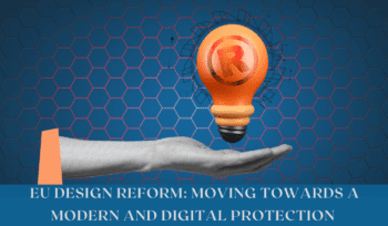 Illustration of digital product designs on a tablet screen with EU flag elements in the background, representing modernization of European design protection laws.