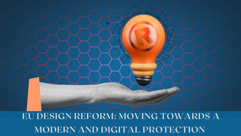 Illustration of digital product designs on a tablet screen with EU flag elements in the background, representing modernization of European design protection laws.