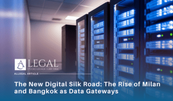 Rows of data servers and network equipment inside a modern data centre facility, with blinking indicator lights and cooling infrastructure visible.