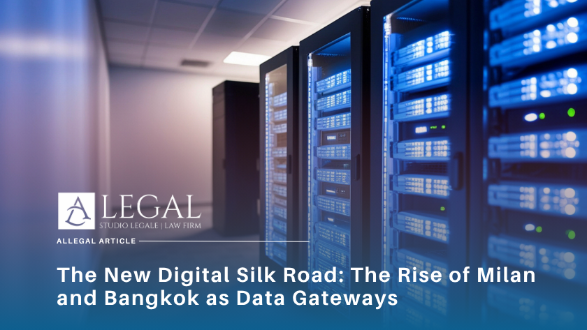 Rows of data servers and network equipment inside a modern data centre facility, with blinking indicator lights and cooling infrastructure visible.