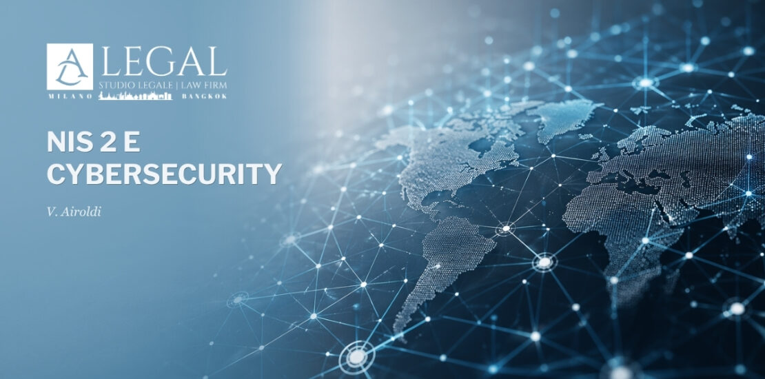 Rappresentazione digitale di una rete globale interconnessa su mappa del mondo, con nodi e flussi di dati, a illustrazione dei temi di cybersecurity, governance e compliance NIS 2.