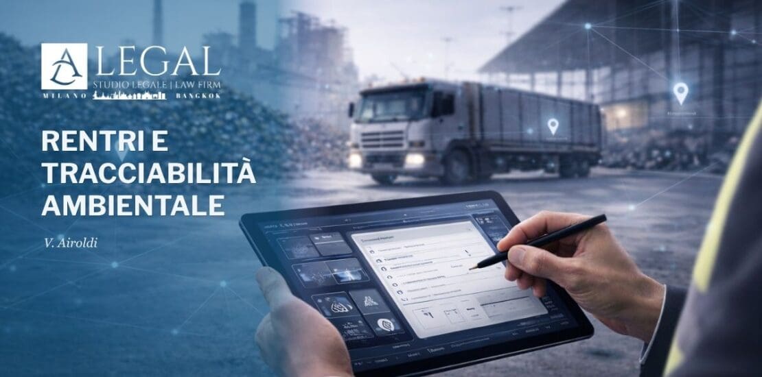 Operatore utilizza un tablet per la gestione digitale della tracciabilità dei rifiuti in un impianto industriale, con rete dati che rappresenta il sistema RENTRI.