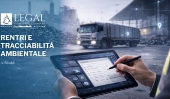 Operatore utilizza un tablet per la gestione digitale della tracciabilità dei rifiuti in un impianto industriale, con rete dati che rappresenta il sistema RENTRI.