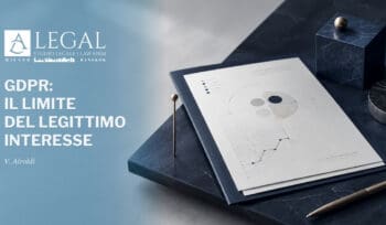 Copertina dell’articolo “GDPR: il limite del legittimo interesse”, con logo ALLEGAL, nome dell’autrice e immagine concettuale di un dossier privacy su una superficie scura.
