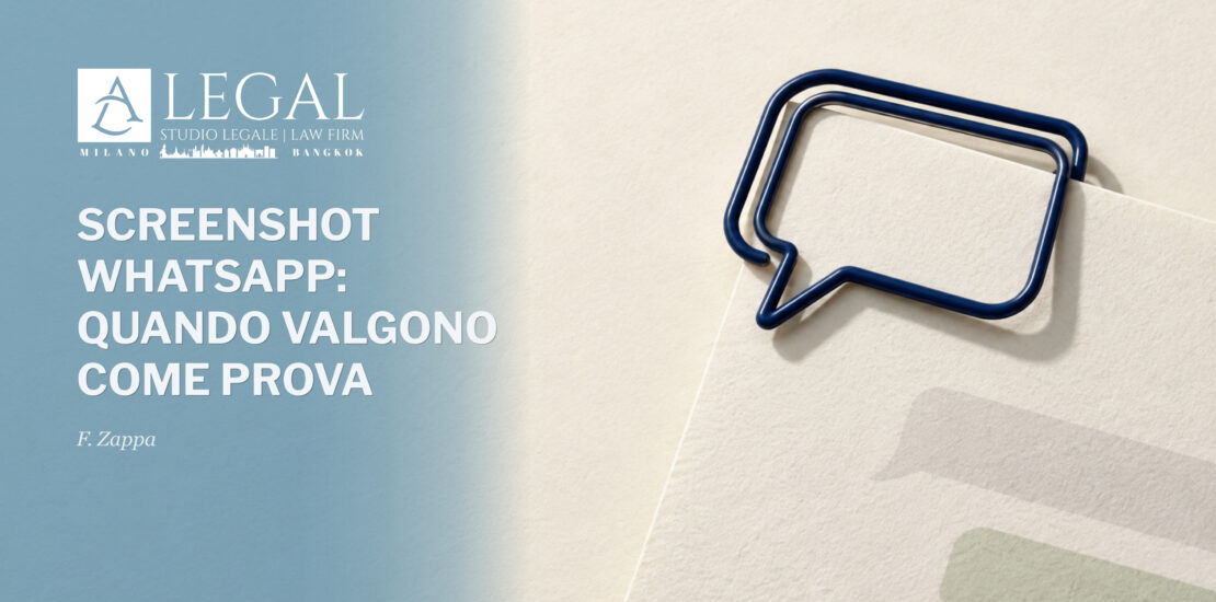 Copertina ALLEGAL: «Screenshot WhatsApp: quando valgono come prova», di F. Zappa. Una graffetta blu a forma di fumetto trattiene un foglio.