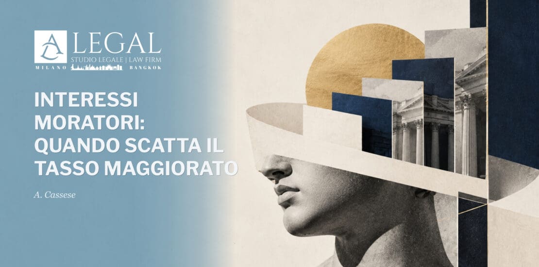 Collage editoriale con statua classica, architetture giudiziarie e forme geometriche che richiamano la crescita degli interessi moratori.