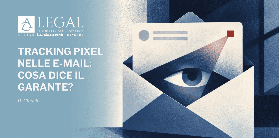 Illustrazione di una e-mail aperta con un occhio al suo interno e un tracking pixel evidenziato in rosso.