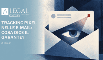 Illustrazione di una e-mail aperta con un occhio al suo interno e un tracking pixel evidenziato in rosso.