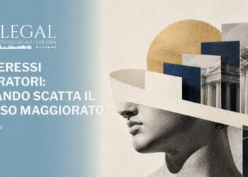 Collage editoriale con statua classica, architetture giudiziarie e forme geometriche che richiamano la crescita degli interessi moratori.