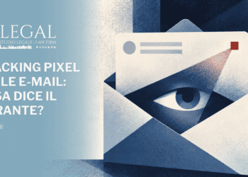 Illustrazione di una e-mail aperta con un occhio al suo interno e un tracking pixel evidenziato in rosso.