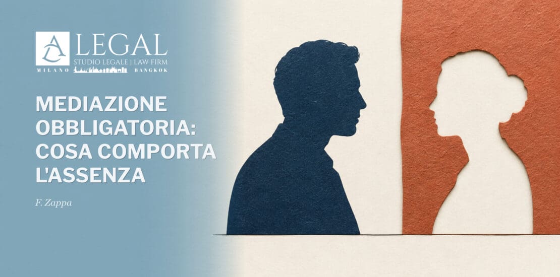 Mediazione obbligatoria: cosa comporta l’assenza. Un profilo blu rivolto a una sagoma vuota ritagliata nella carta.