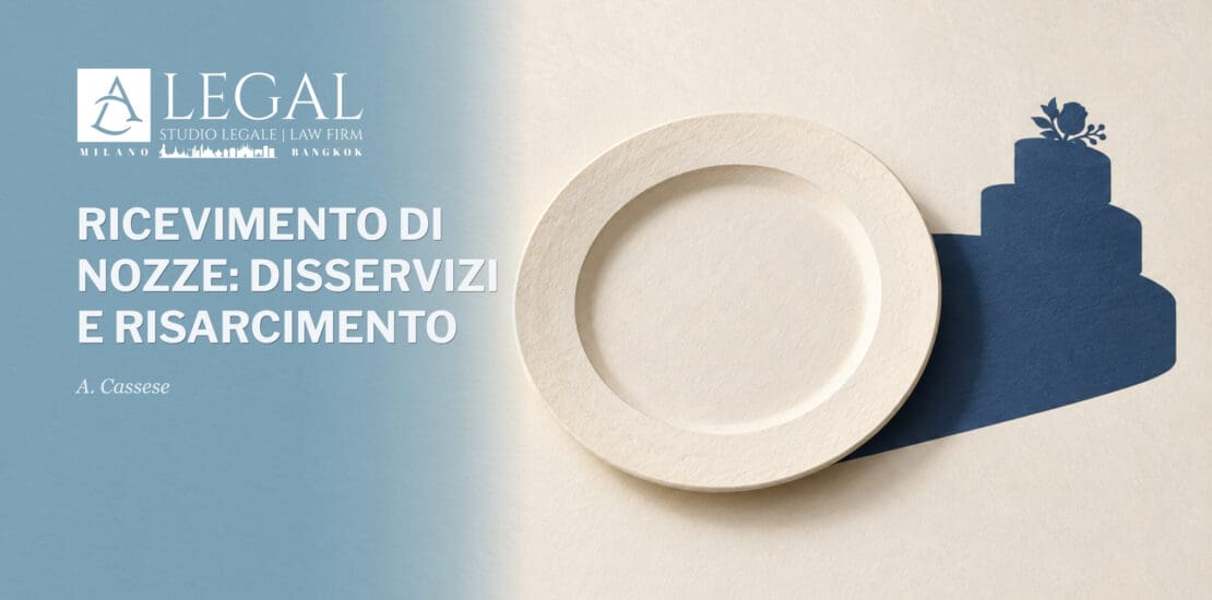 Piatto vuoto con ombra blu a forma di torta nuziale e titolo «Ricevimento di nozze: disservizi e risarcimento».