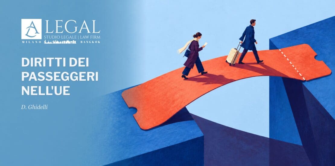 Due viaggiatori su un biglietto arancione trasformato in ponte. Copertina ALLEGAL: «Diritti dei passeggeri nell’UE», di Daniela Ghidelli.