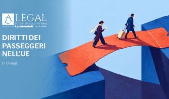 Due viaggiatori su un biglietto arancione trasformato in ponte. Copertina ALLEGAL: «Diritti dei passeggeri nell’UE», di Daniela Ghidelli.