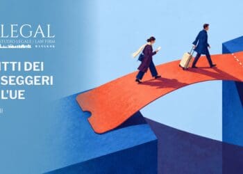 Due viaggiatori su un biglietto arancione trasformato in ponte. Copertina ALLEGAL: «Diritti dei passeggeri nell’UE», di Daniela Ghidelli.